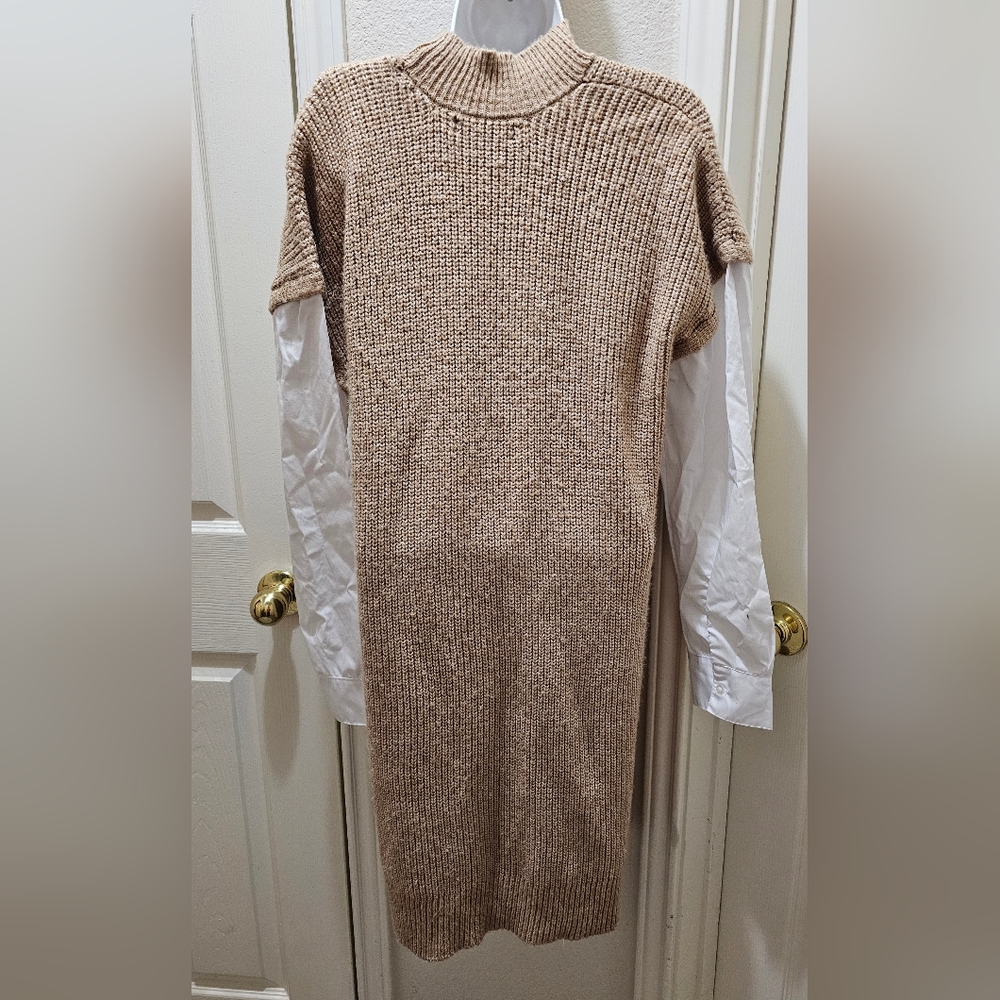 Tahari Mock White Shirt Layered Taupe Sweater Dress Taupe Size Extra Large NWOT - Picture 5 of 13
